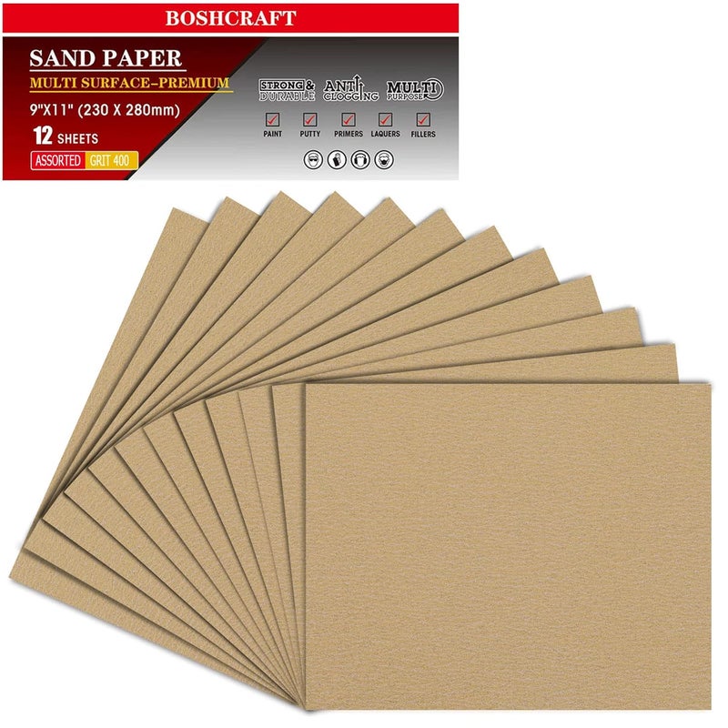 BOSHCRAFT 400 Grit Sandpaper, Sandpaper Assortment Sandpaper for Wood Metal Furniture Hand Sander Sand Paper Set Sandpaper Sheets Cut for Use 9" x 11"/12 Sheets - Image 1